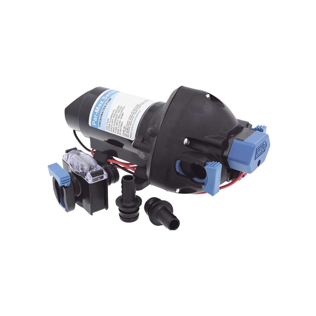 Bomba controlada por presión Par Max a 12 Vcd, caudal de 2 GPM, presión máxima 35 psi, para manguera de entrada con orificio de 38 mm (1½?), manguera de descarga con orificio de 25 mm (1?)
