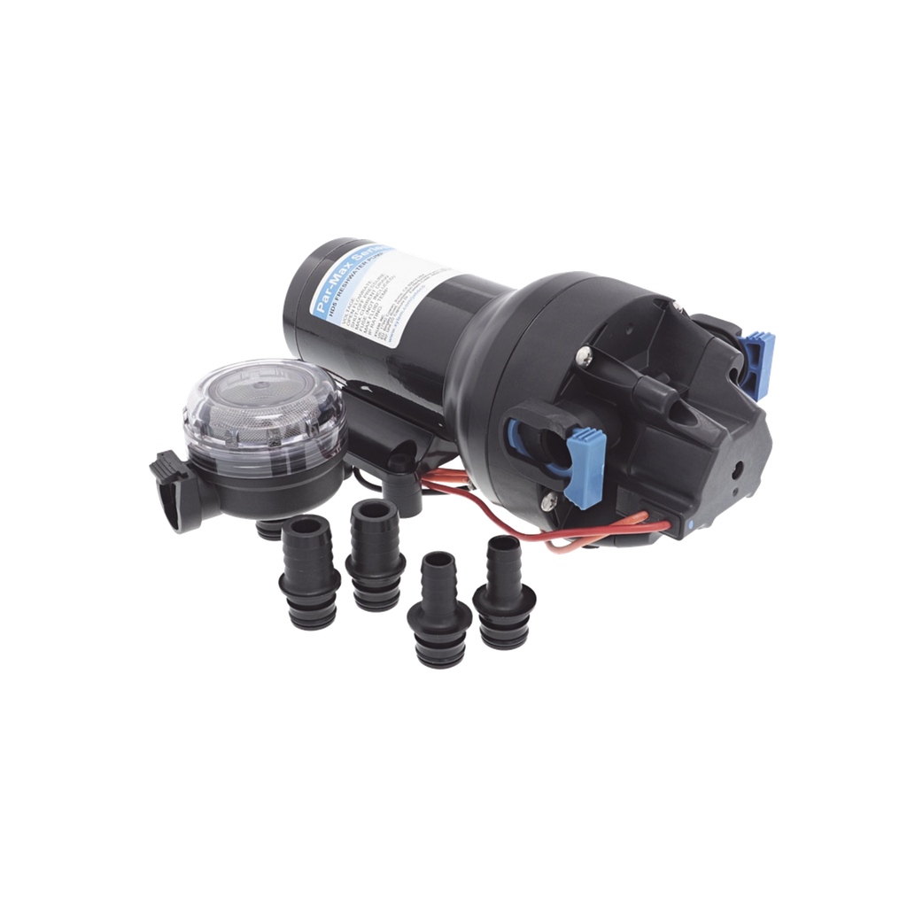 Bomba de diafragma controlada por presión para trabajo pesado ParMax de 12 Vcd, caudal de 5 GPM, presión máxima 60 psi, para manguera de diámetro interior de 13 mm (1/2) y 19 mm (3/4)