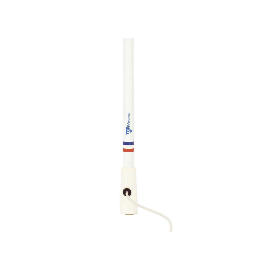 Antena marina VHF en fibra de vidrio en rango de 156 a 163 MHz, Incluye 10 metros de cable y conector PL-259 macho.