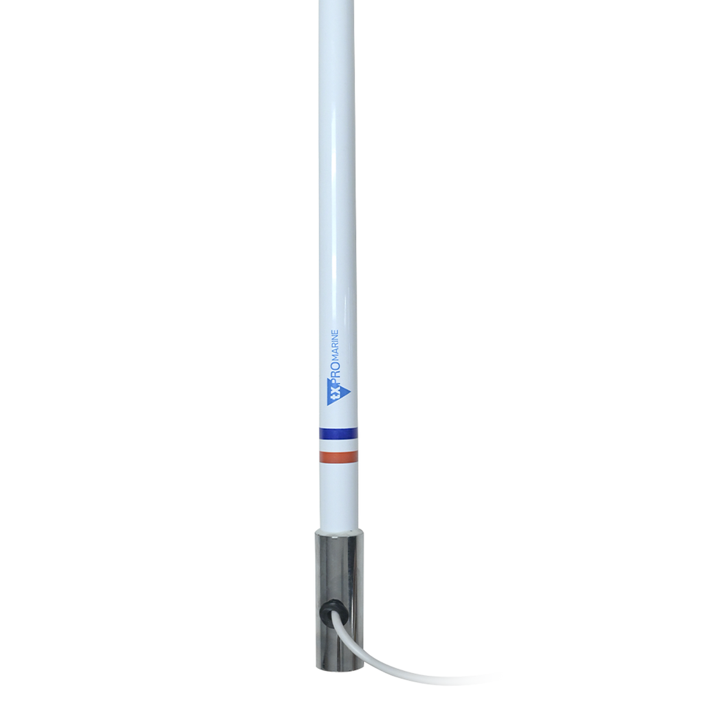 Antena marina VHF en fibra de vidrio con base de acero inoxidable en rango de 156 a 163 MHz. Incluye 10 metros de cable y conector PL-259 macho.