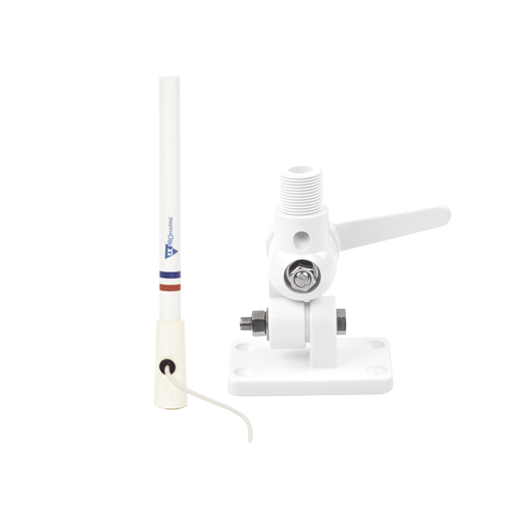 Antena marina VHF en fibra de vidrio en rango de 156 a 163 MHz, Incluye: montaje de trinquete de Nylon, 10 metros de cable y conector PL-259 macho.