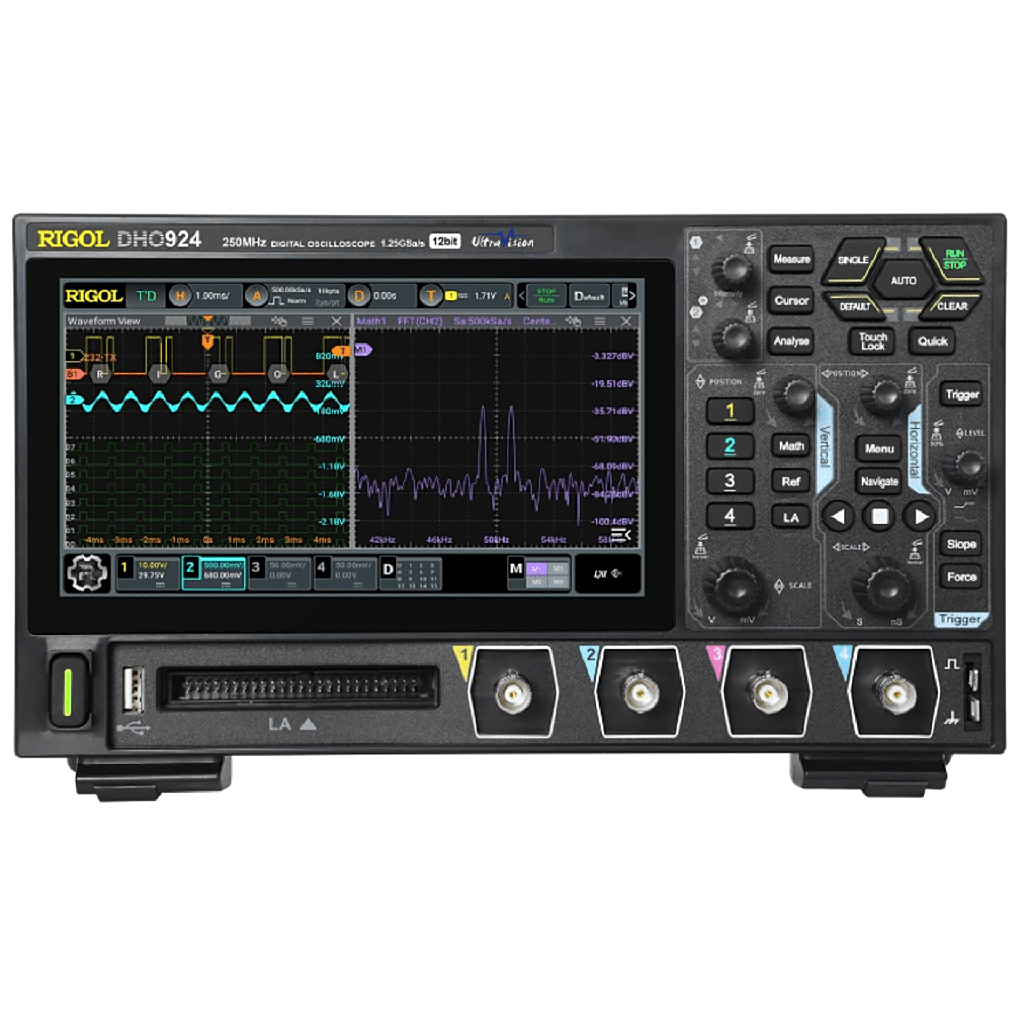 [DHO924] Osciloscopio Digital RIGOL de 4 Canales Análogos, 250 MHz de Ancho de Banda Análoga, Vel. de Muestreo-Tiempo Real de 1.25 GS/s.