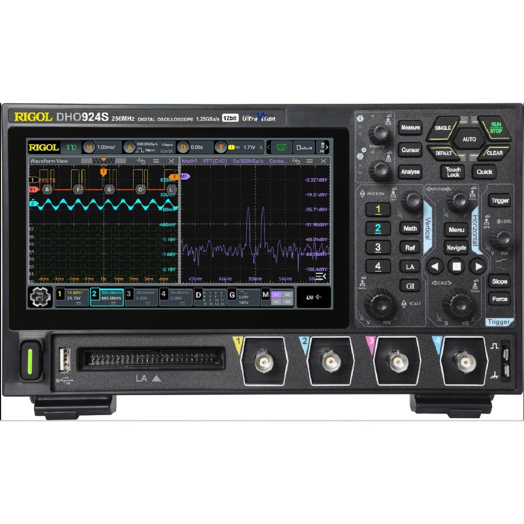 Osciloscopio Digital Rigol de 4 Canales Análogos, 250 MHz de Ancho de Banda Análoga, Vel. de Muestreo-Tiempo Real de 1.25 GS/s. con Generador de Audio (AFG)