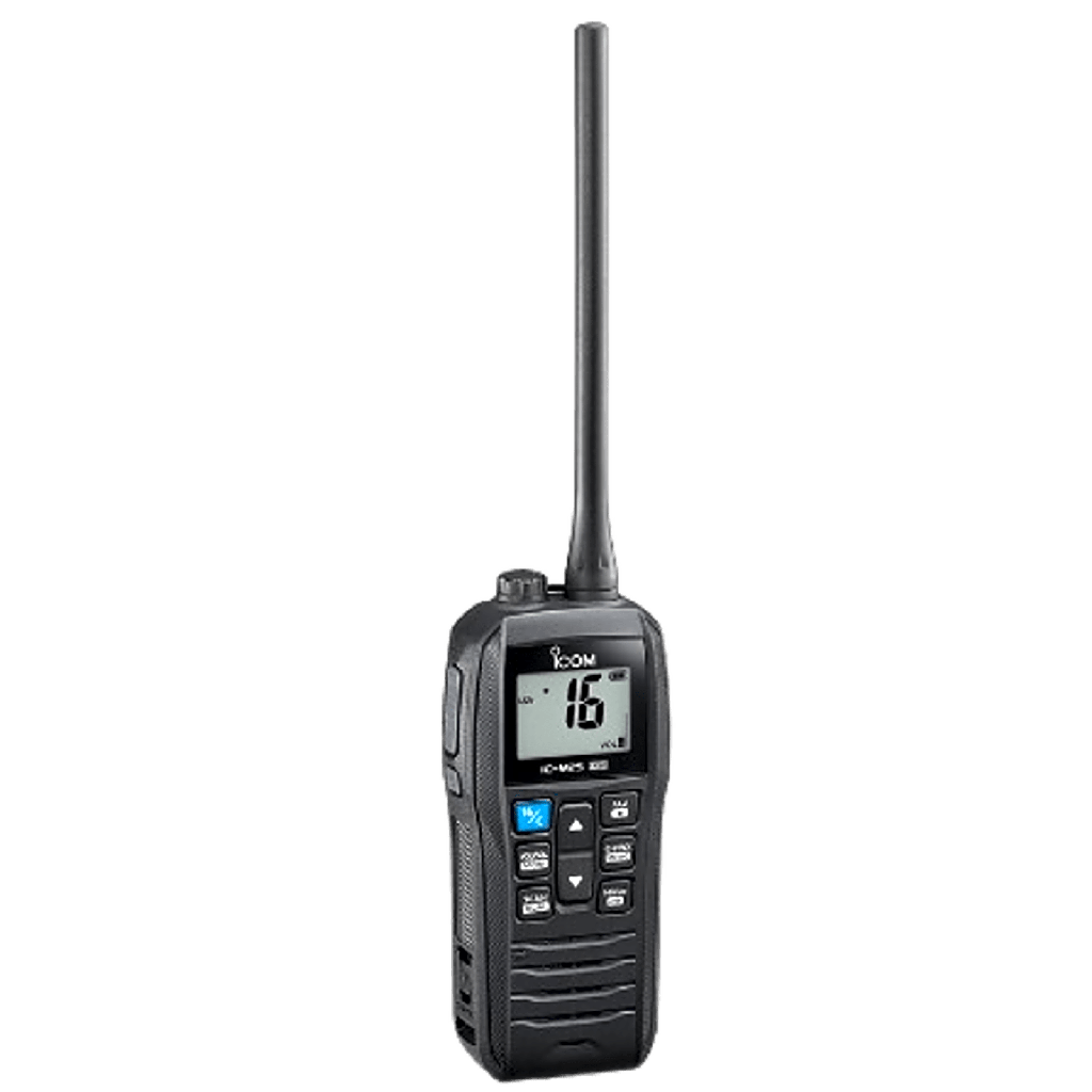 Radio portátil marino color negro/  5 W de potencia RF / 0.5 W de salida de audio / flotante, sumergible IPX7 / Tx: 156.025-157.425MHz, Rx: 156.050-163.275MHz / Incluye: batería de 1500mAh, cargador, antena clip y correa de mano