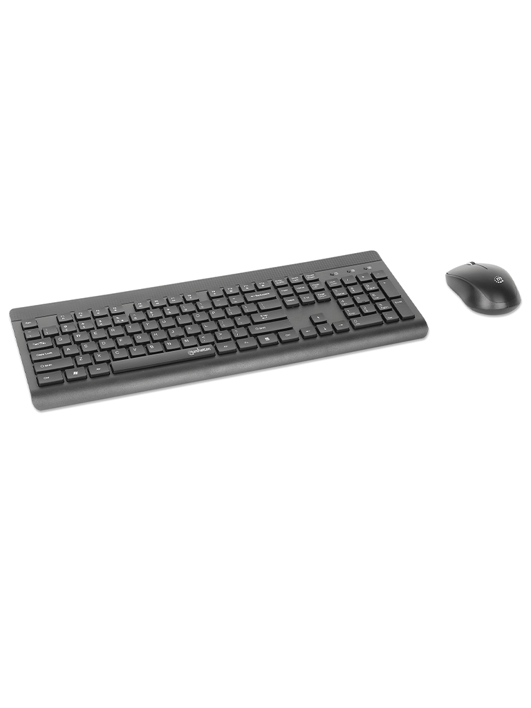 [180771] MANHATTAN - 180771 - Kit de teclado y mouse óptico inalámbricos / Un solo receptor USB-A Nano para ambos, teclado inalámbrico con 12 teclas multimedia/función, mouse óptico ambidiestro con tres botones y rueda de desplazamiento, 1200 ppp, negro