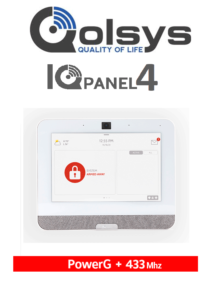 [IQP4005] QOLSYS IQP4005 - Sistema de Alarma IQPanel4 Autocontenido , con Pantalla Tactil de 7", Power G 915 Mhz + DSC Serie Power 433 Mhz. Con 4 Bocinas integradas (4W). Para la plataforma Alarm.com