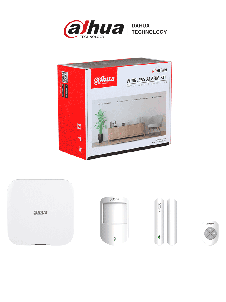 DAHUA ART-ARC3800H-03-W2 -Kit de Alarma Inalámbrico Hub2, WiFi y Ethernet, incluye panel de alarma Hub2, Soporta audio 2 vías, incluye sensor de movimiento, contacto magnético y control remoto, hasta 8 cámaras IP, audio 2 vías,64 PIR Cam, AirShield
