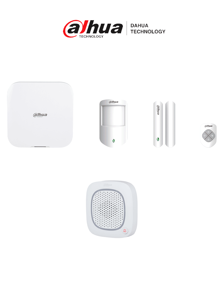 DAHUA DHCA-IAS - Paquete para certificación de sistemas de alarmas inalámbricas de Dahua, Incluye: panel de alarma HUB 2.0, sirena intercomunicadora, control remoto, sensor de movimiento y contacto magnético