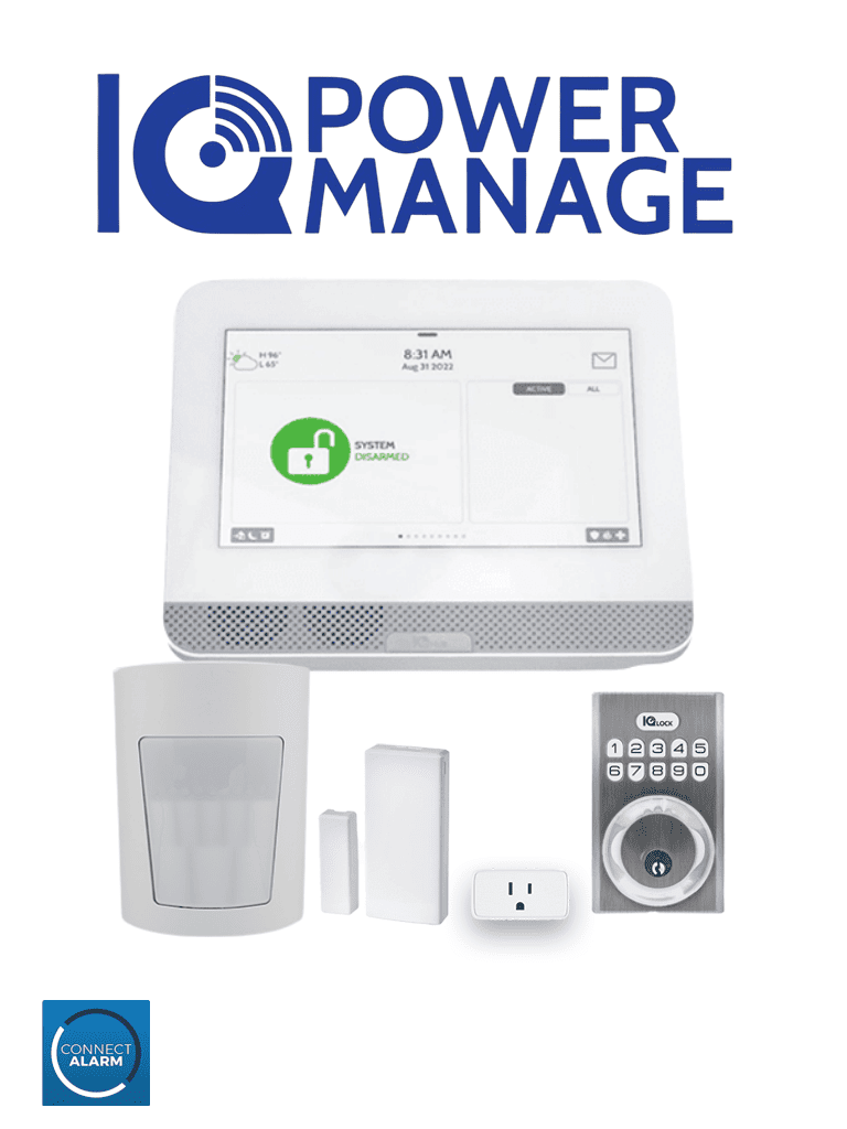 QOLSYS IQ4 HUB POWER MANAGE Automation KIT - Paquete que contiene Sistema IQ 4 HUB POWER MANAGE, con pantalla táctil de 7", 1 sensor PIR inalámbrico PGP9914, 1 sensor magnético inalámbricos PG9303, 1 enchufe inteligente y una cerradura Power G #IQPM