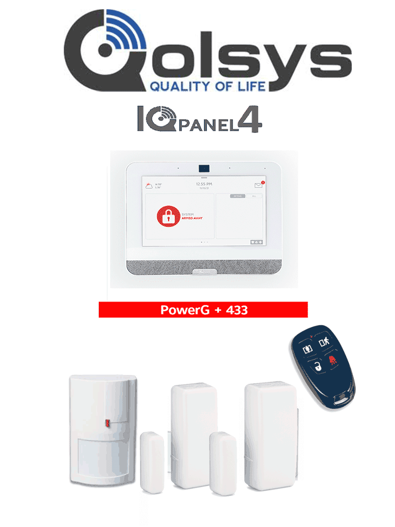 QOLSYS IQ4 PACK - Paquete de Alarma IQPanel4 de Qolsys incluye Panel Autocontenido, con Pantalla Táctil de 7", Power G 915 Mhz + DSC power 433 Mhz. 4 Bocinas integradas, 2 Magnéticos Inalámbricos WS4945. 1 WS4904PM y WS4939