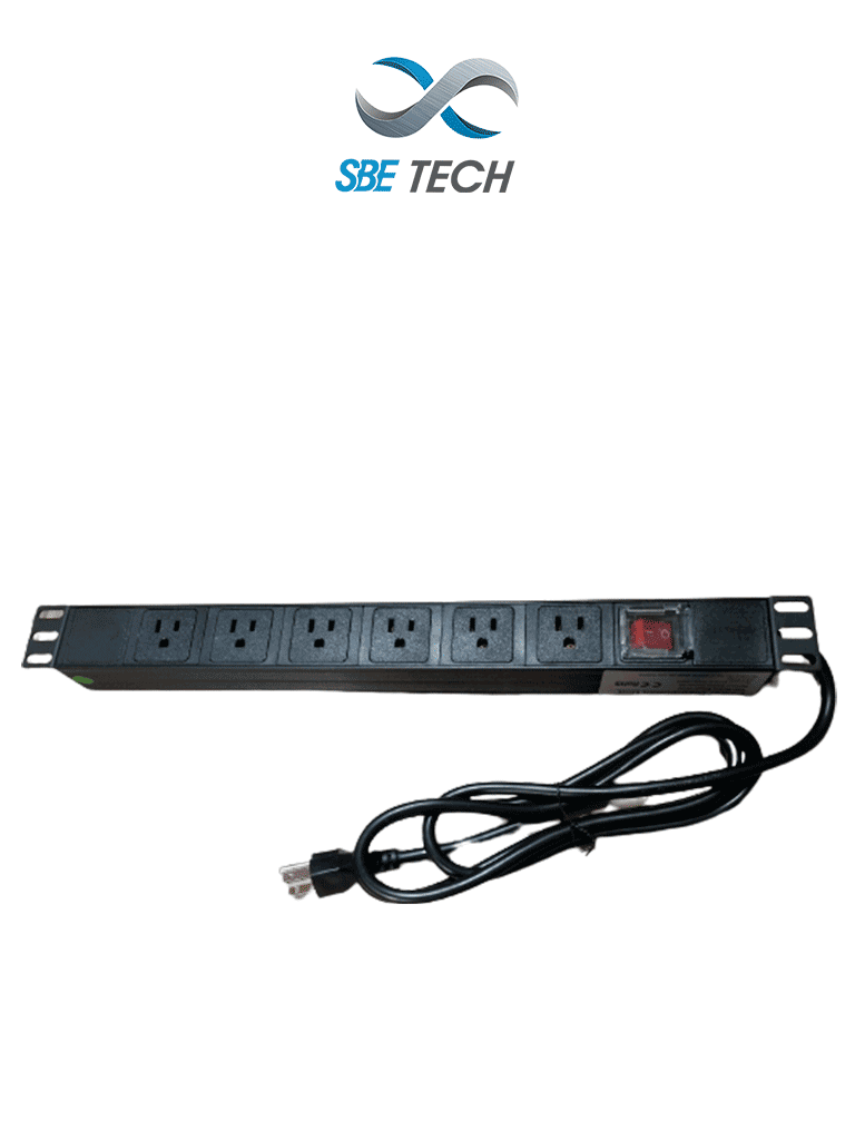 SBE TECH SBE-TC006VSP - Barra de 6 contactos polarizados 5-51R, montaje horizontal 19" y 1U, con clavija de 1.8m y multicontactos #MCI2