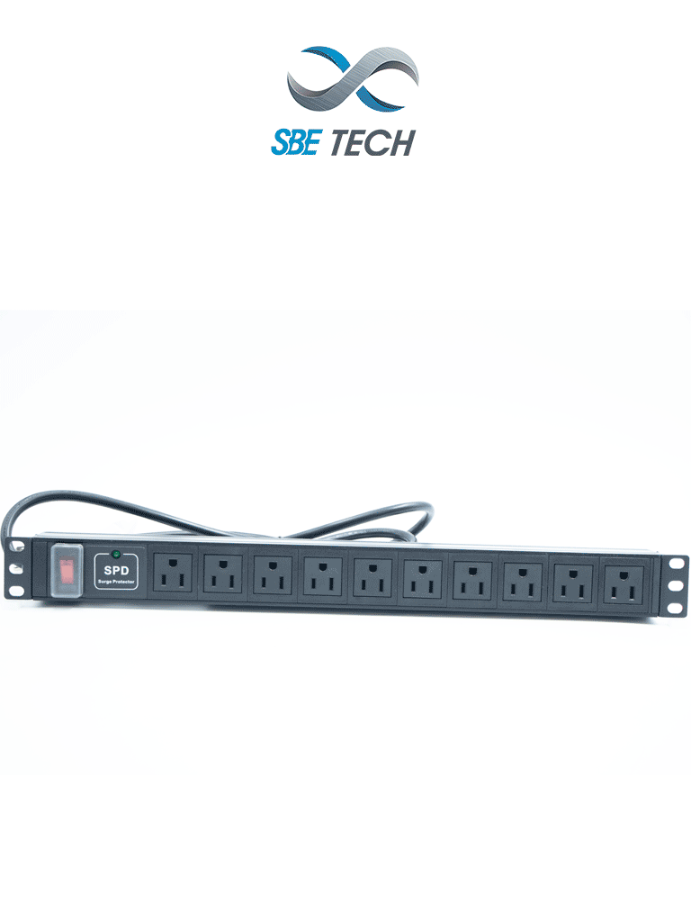 SBE TECH SBE-TC010SPV - PDU horizontal con 10 contactos polarizados, supresor de picos y diseño para montaje en rack de 19" y 1U