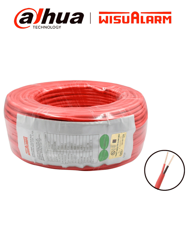 DAHUA WISUALARM 2X18AWG-U- Bobina de 305 metros de cable sin blindaje para alarma de Incendio, Listado por UL, Revestimiento de PVC UL105 °C de alta resistencia al fuego, Fabricado con aislamiento de cloruro de polivinilo UL105 °C altamente ignífugo #WO