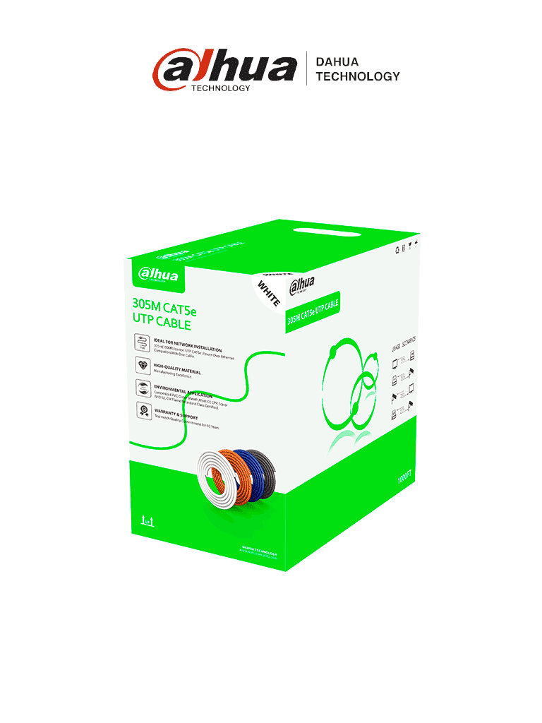 [DH-PFM922I-5EUN-C] DAHUA PFM922I-5EUN-C -Bobina de cable UTP Cat5e de 305 metros, color blanco, ideal para instalaciones interiores. Conductor de CCA y cubierta de FR-PVC, cumple con la normativa ROHS para una alta calidad y seguridad.