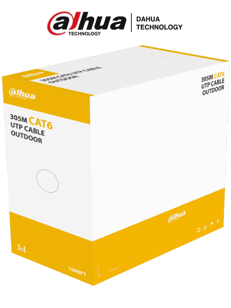 [DH-PFM920-6U] DAHUA PFM920-6U - Bobina de cable UTP Cat6 para exterior Dahua PFM920-6U. Con 305 metros de 100% cobre, cubierta MDPE resistente y color negro, cumple con ANSI/TIA 568-C.2, RoHS, y es retardante de flama, ideal para instalaciones seguras.