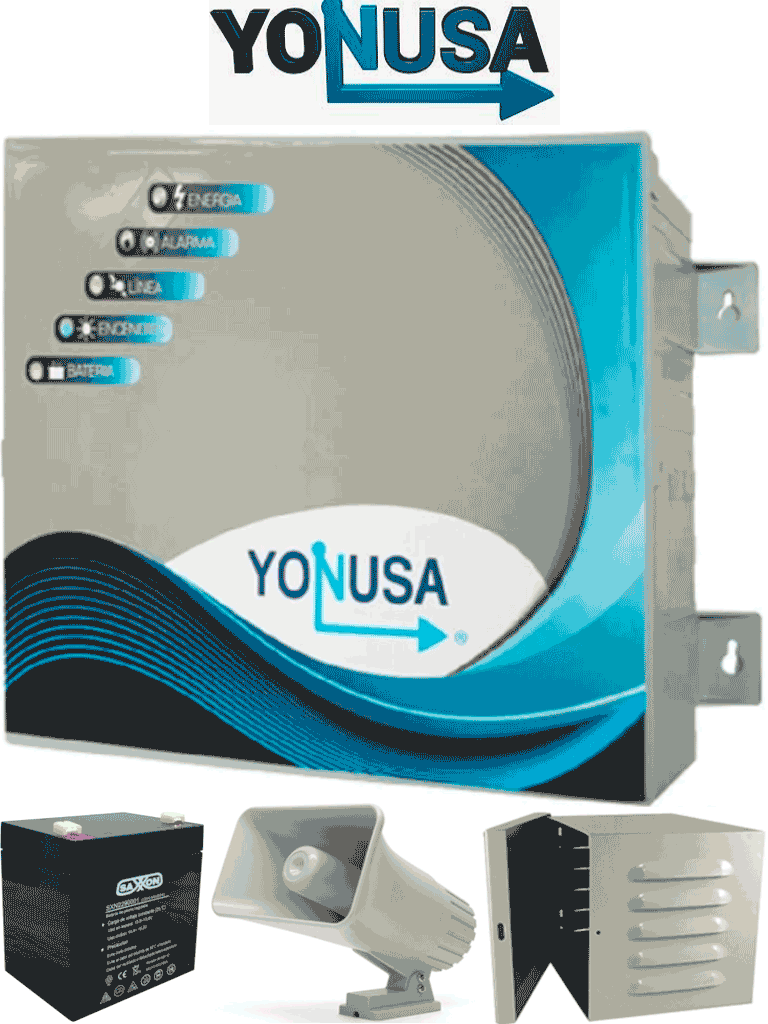 [EY10000127AF+CBAT45AH+SD-30W+GMX-001] YONUSA EY10000127AFBAT - Paquete de energizador anti plantas o alta frecuencia de 10,00V con hasta 10,000 mts lineales, incluye batería de respaldo de 12VDC a 4.5 AH, sirena de 30W y gabinete metálico