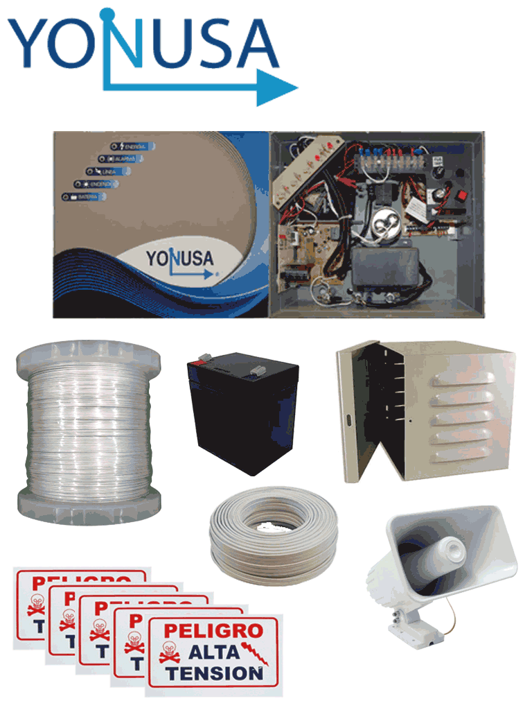 [PACK127AF] YONUSA PACK127AF -Paquete de energizador de alta frecuencia con interface/ Sirena y gabinete metálico/ Bobina de alambre 500 mts/ Bobina cable bujía/ batería y 5 letrero