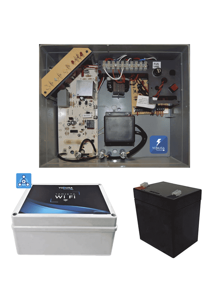 [YON6500004+CBAT45AH+M-WF/LITE] YONUSA PACKEY12000127P - Paquete de energizador de 12,000V para un cerco eléctrico de hasta 3500 mts lineales/ Incluye modulo wifi para manejo y recepción de alertas desde celular/ Batería de respaldo de regalo