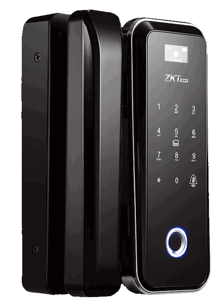 ZK GL300 - Cerradura Biométrica para Puertas de Vidrio, Compatible con Anchos de Puerta de 10 a 12 mm, Capacidad para 100 Usuarios, Control Remoto Incluido, Compatible con Tarjetas Mifare 13.56 MHz