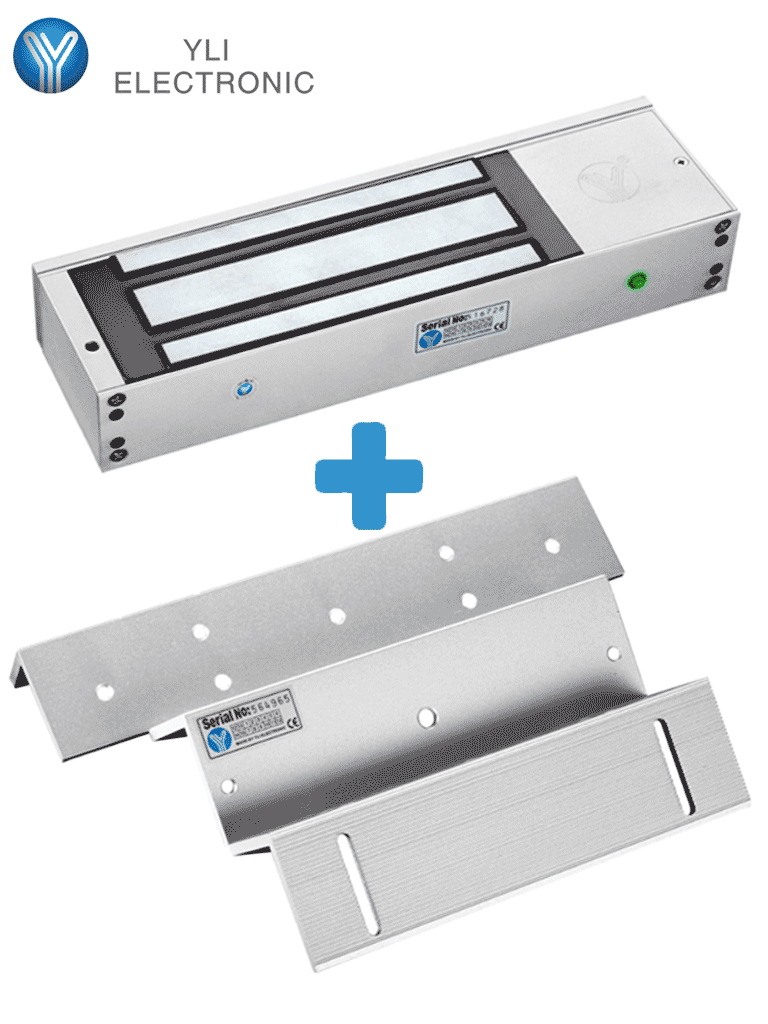 [YM750TPACK] YLI YM750TPACK - Paquete de Cerradura Magnética YM750TLED con Soporte ZL MBK750ZL / Fuerza de Sujeción 750 Kg, 1500LB / Voltaje dual 12v/24VDC