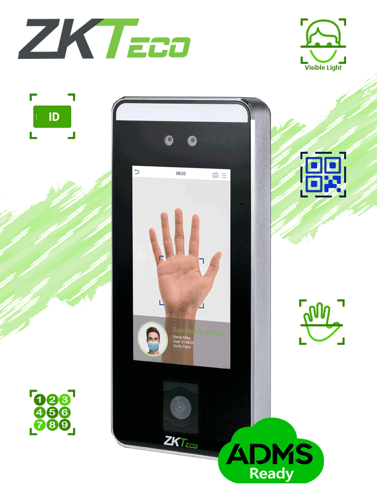 ZKTECO SPEEDFACEV5LQR - Control de Acceso Facial / 6000 Rostros / 3000 Palmas / 10,000 Tarjetas ID 125 Khz / QR / Contraseñas / 200,000 Registros / Reconocimiento en 0.35 s / Algoritmo Anti-spoofing / TCP/IP / WIEGAND / RS-485 / #ZK11