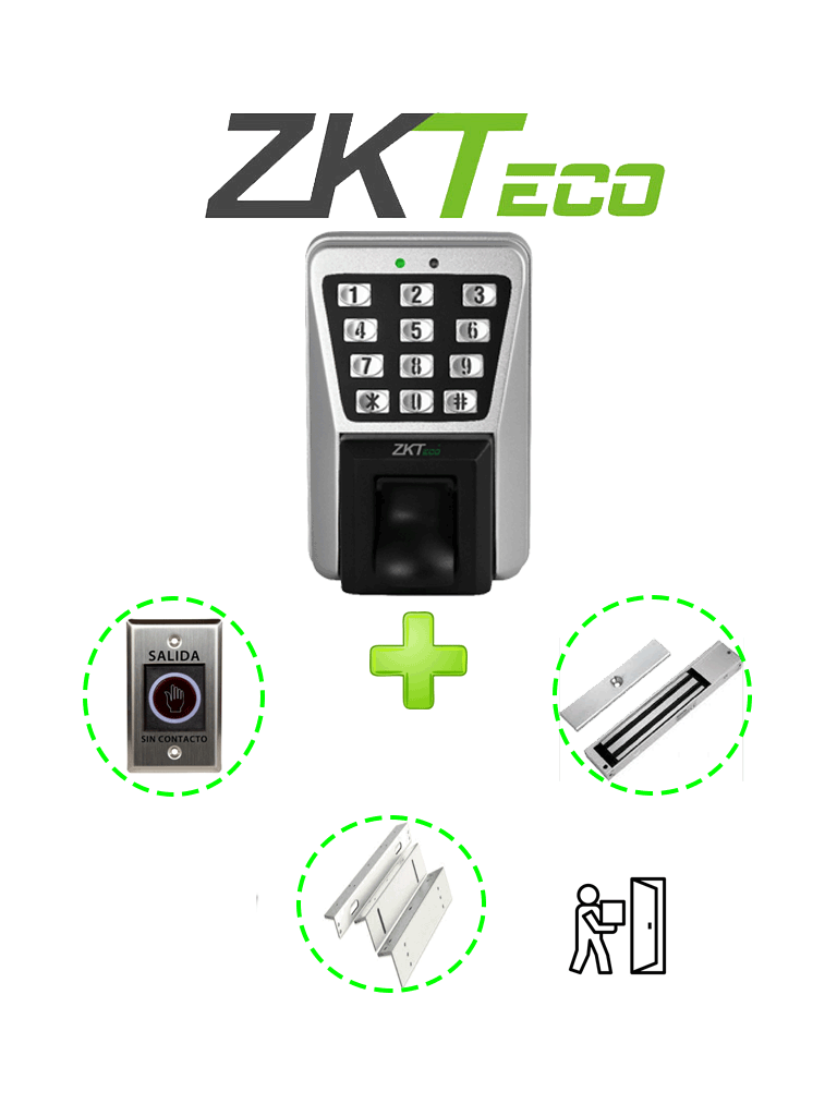 ZKTECO MA500PAK - Control de Acceso Profesional de Huella / Tarjeta y Password para Exterior con IP65 / Incluye Contrachapa Magnética LM2805 de 200Kg / Soporte de Fijación ZL / Botón de Salida No Touch