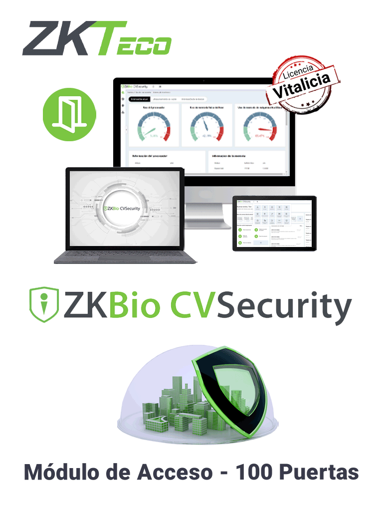 [ZKBioCV-AC-P100] ZKTECO ZKBIOCVACP100 - Licencia Vitalicia para 100 Puertas en Control de Acceso BioCVSecurity / Hasta 30 000 Usuarios / 200 Departamentos / 200 Áreas