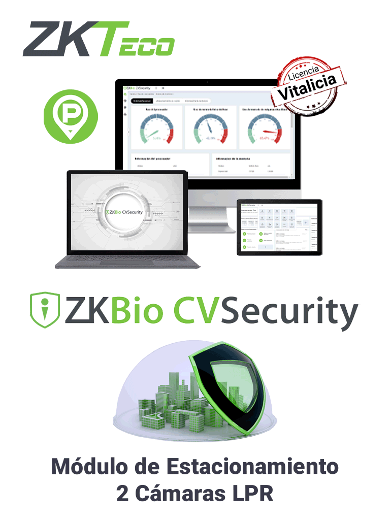 ZKTECO ZKBIOCVPARKLPR2 - Modulo Vitalicio para Gestión de Estacionamiento del BioCVSecurity / Soporta 2 Cámaras LPR / 10 000 Usuarios / 1000 Áreas / 1000 Departamentos