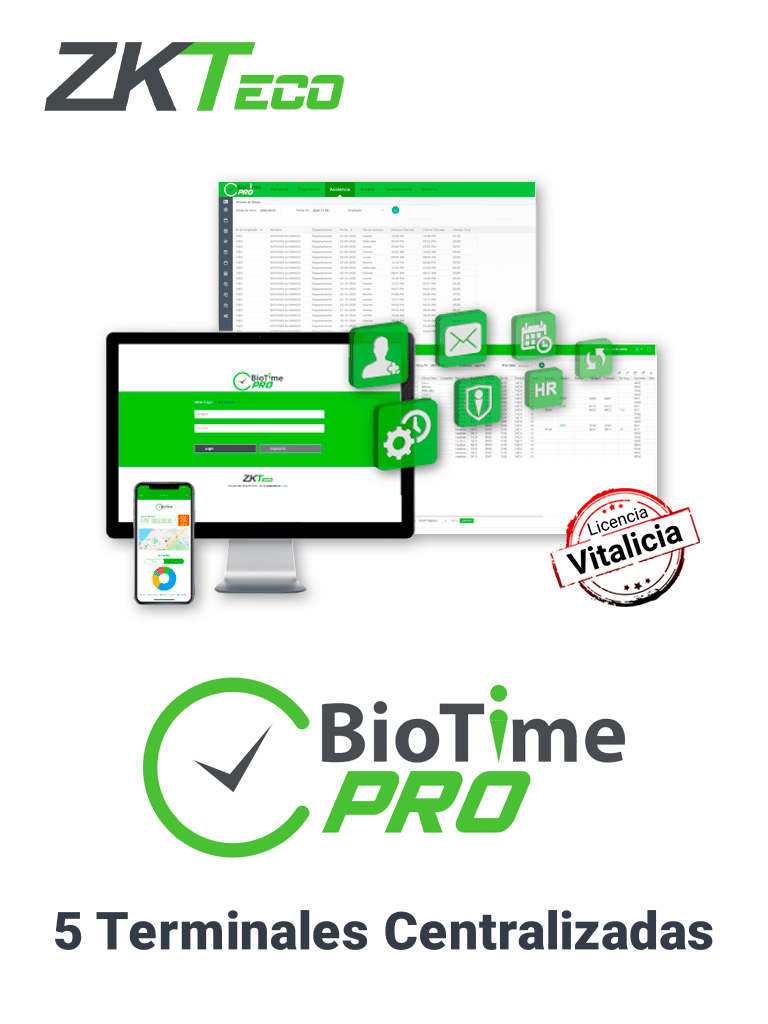 [BioTimeProStarterVersion] ZKTECO BIOTIMEPROSTARTER- Licencia de Asistencia Vitalicia / Versión WEB / Para 5 Terminales Centralizadas / 500 Empleados / 1 Punto para App / 1 Multicompañia