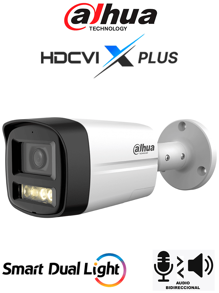 [DH-HAC-HFW1500TLMN-IL-T] DAHUA DH-HAC-HFW1500TLMN-IL-T - Camara Bullet de 5 Megapixeles/ Audio 2 Vías/ Iluminador Dual Inteligente Mediante IR y Luz Calida/ 3DNR Para Reducción de Ruido en Imagen/ Lente de 2.8mm/ IR de Hasta 40 Mts/ IP67/ Policarbonato + Metal