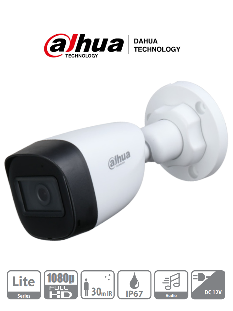 DAHUA HAC-HFW1200CN-A - Cámara Bullet 1080p/ Micrófono Integrado/ Lente de 2.8mm/ 30 Mts de Ir/ IP67/ Policarbonato/ CVI/CVBS/AHD/TVI/ BLC/HLC/DWDR #VolDH #CLCN #FD
