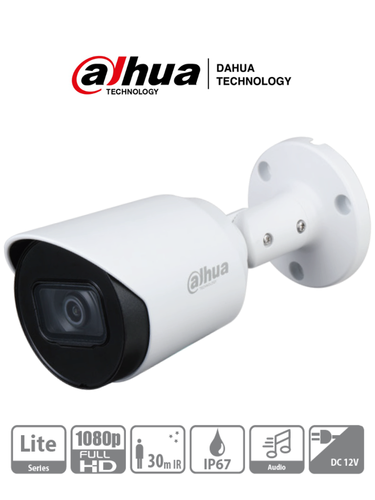 DAHUA HAC-HFW1200T-A - Cámara Bullet de 2 Megapixeles con micrófono integrado, lente 2.8 mm, ángulo de visión de 103°, IR 30 m, IP67, metálica, DWDR, BLC, HLC. Ideal para vigilancia con alta definición y resistencia en exteriores. #MCI2