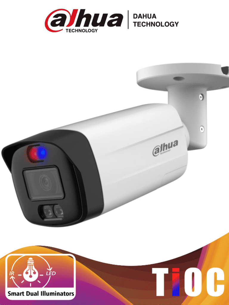 [DH-HAC-ME1509THN-A-PV-0280B-S2] DAHUA HAC-ME1509THN-A-PV-S2 - Camara Bullet TioC de 5 Megapixeles/ Iluminador Dual Inteligente+Disuasión Activa con Luz Roja y Azul/ Lente de 2.8mm/ 111 Grados/ 40 Metros de Iluminación IR y Visible/ Micrófono Integrado/ WDR Real de 120 dB/