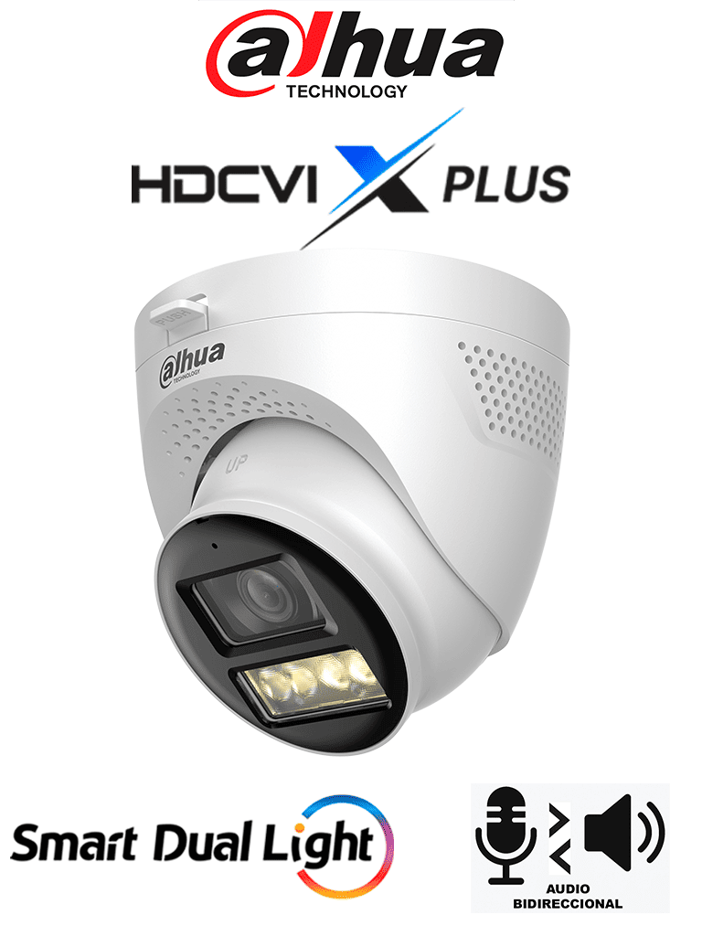 [DH-HAC-HDW1500TQN-IL-T] DAHUA DH-HAC-HDW1500TQN-IL-T - Cámara Domo 5MP/ Mic Integrado y Audio Bidirec/ Iluminación Dual Mediante IR y Luz Calida/ Hasta 40 Mts de Iluminación/ Lente de 2.8mm Apertura Hasta 111°/ 3DNR Para Reducción de Ruido/ IP67/ Policarbonato + Metal