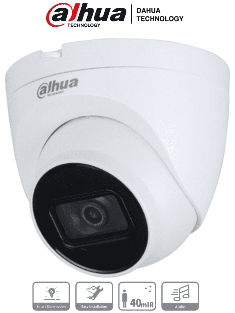 [DH-HAC-HDW1200TQP-A] DAHUA HAC-HDW1200TQ-A-Cámara domo Dahua de 2 MP con lente de 2.8 mm, ángulo de 102 grados, IR de 40 m, micrófono integrado, instalación rápida, DWDR, IP67, y diseño en metal y policarbonato.