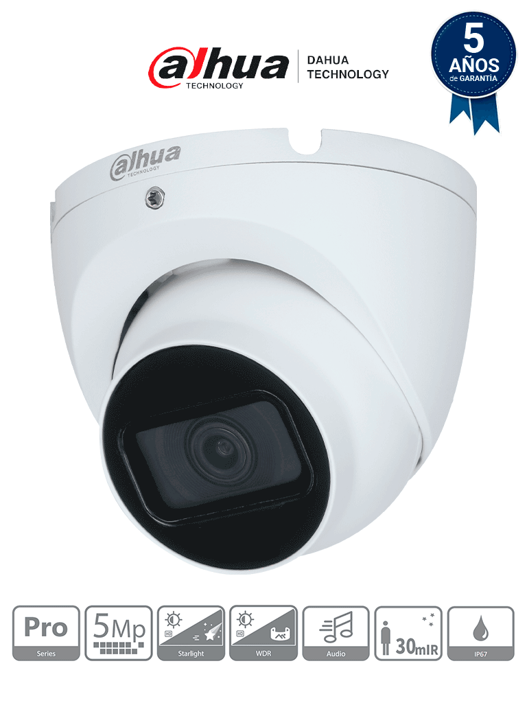 DAHUA HAC-HDW2501TLM-A - Cámara Domo 5MP, Serie Pro con lente de 2.8mm y ángulo de 111°; IR 30m, micrófono integrado, carcasa metálica, WDR 120dB, IP67, con tecnología Starlight y HDCVI. Calidad superior en cualquier entorno.