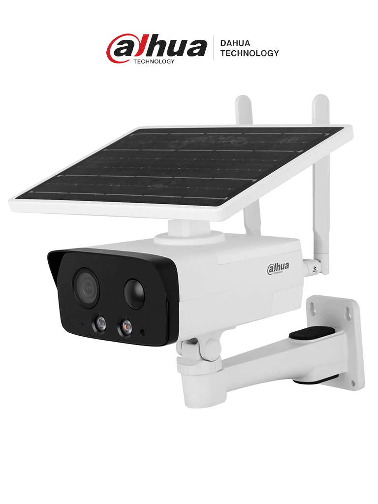 DAHUA DH-IPC-HFW2431DG-4G-SP-LA-B Cámara IP bullet 4G con panel solar y batería, resolución 4MP. Disuasión activa, IR hasta 50 m, luz cálida 30 m. Incluye ranura para Micro SD, audio bidireccional, Starlight, H.265, IP67. #IASMD #LoNuevo #XCDAHUA