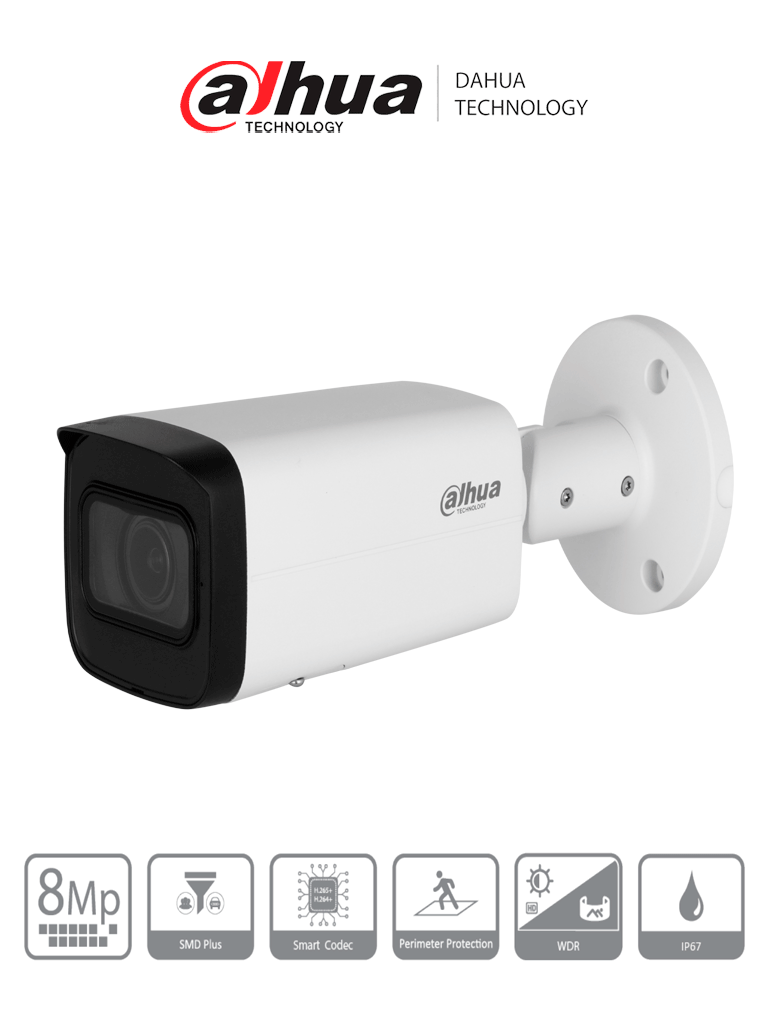 DAHUA DH-IPC-HFW2841T-ZS Cámara IP Bullet de 8 Megapíxeles/ Motorizado/ IR de 60 Mts/ 113°/ H.265+/ SMD+/ Protección Perimetral/ Ranura para MicroSD/ WDR/ 3D NR/ HLC/ BLC / IP67