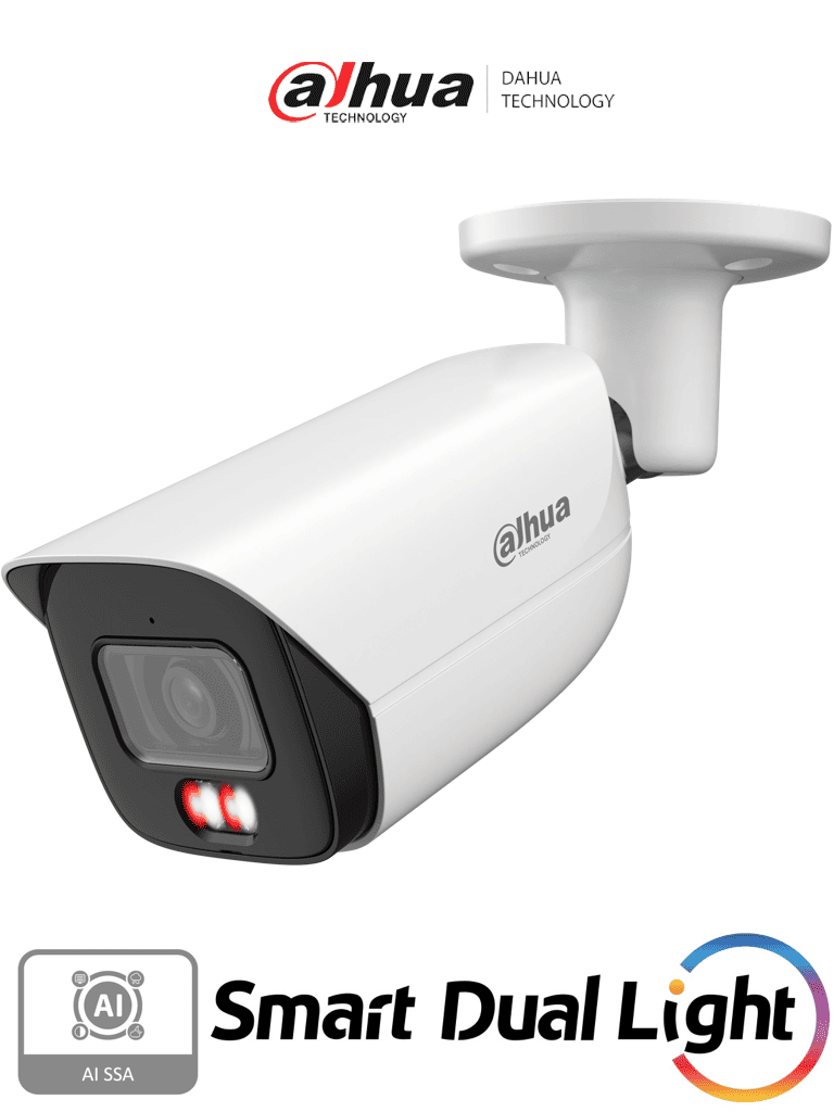 DAHUA DH-IPC-HFW3249E-S-IL - Cámara IP Bullet de 2 MP/ WizSense/Iluminador dual/ Lente de 2.8 mm/ 107° de Apertura/ Micrófono integrado/ IR de 50 m / SMD 4.0 / AI SSA / Quick Pick/ Ranura MicroSD/ WDR Real de 120 dB / PoE / IP67 /