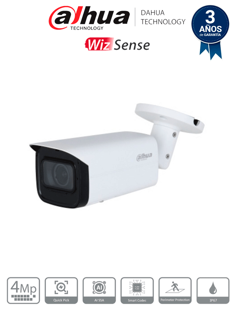 DAHUA DH-IPC-HFW3441T-ZS-S2- Cámara IP Bullet de 4 MP/ WizSense/ Lente Motorizado de 2.7 a 13.5mm/ IR de 60 Metros/ H.265+/ WDR Real/ Protección Perimetral/ IP67/ PoE/ SMD Plus/
