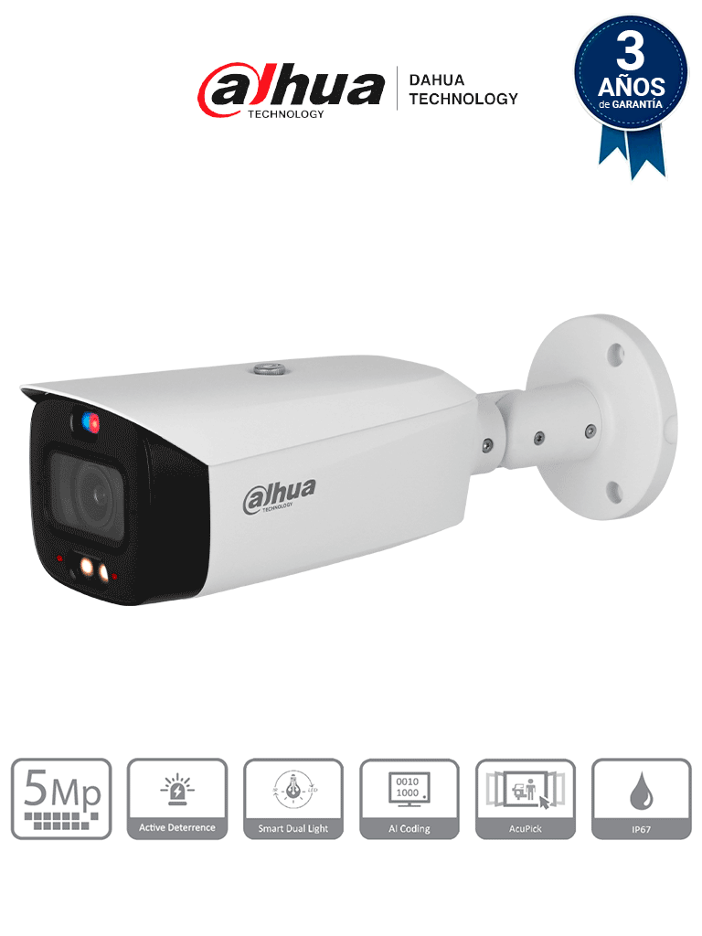 DAHUA DH-IPC-HFW3549T1-ZAS-PV - Cámara IP bullet de 5 MP/4MP/2MP /WizSense/ Lente varifocal/ TIOC 2.01/ Disuasión activa/ Iluminador dual inteligente/ IR 50 m/ Luz cálida 40 m / SMD 4.0 / Audio bidireccional / E&S de alarma y audio/ PoE/ IP67/