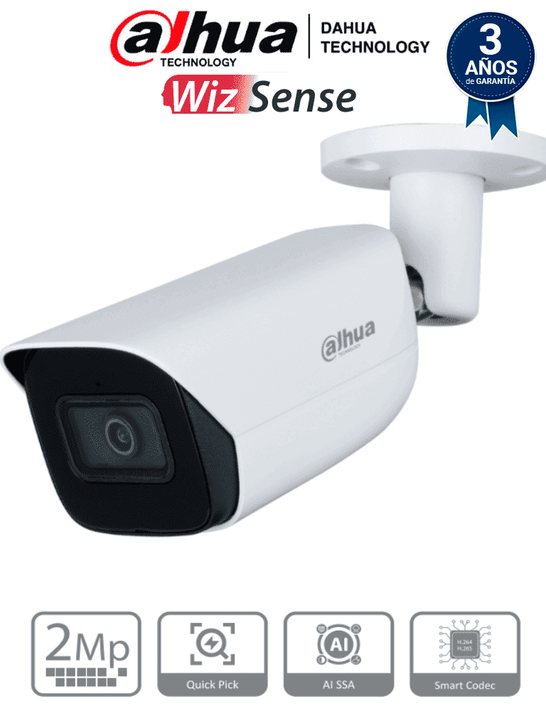 DAHUA IPC-HFW3241E-S-S2 - Cámara IP Bullet de 2 MP/ WizSense/ Con IA/ Lente de 2.8 mm/ 107° de Apertura/ Micrófono integrado/ IR de 50 m / SMD 4.0 / AI SSA / Quick Pick/ Ranura MicroSD/ WDR Real de 120 dB / PoE / IP67 /