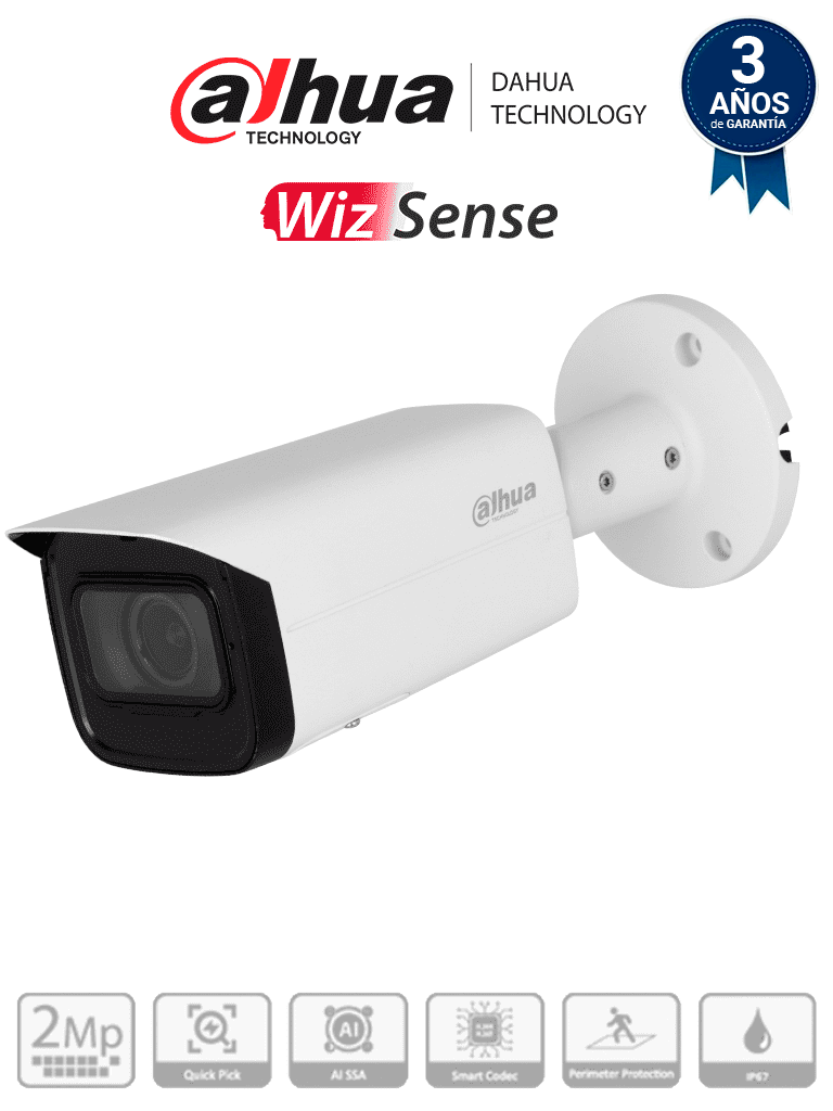 DAHUA IPC-HFW3241T-ZAS-S2 - Cámara IP Bullet de 2MP/WizSense/Lente Motorizado de 2.7 a 13 mm/ IR de 60 Metros/ Micrófono Integrado/ IA/ SMD 4.0/ AI SSA/ QuickPick/ E&S de Alarma y Audio/ IP67/ PoE/Ranura para Micro SD #DAVL