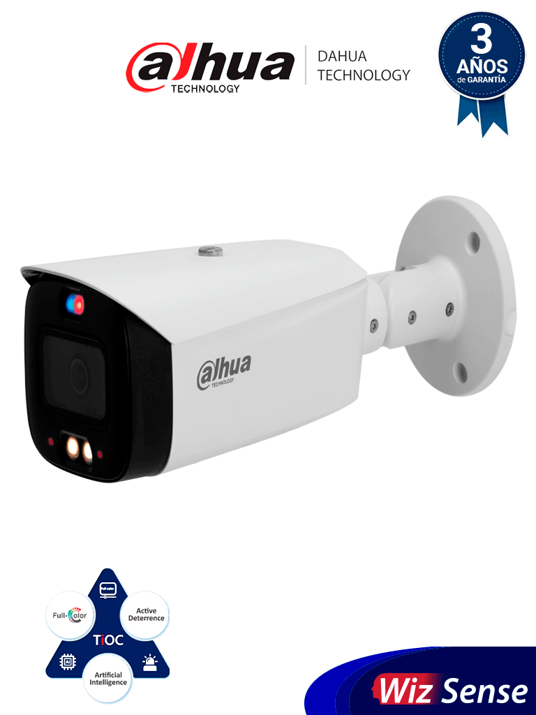 DAHUA IPC-HFW3449T1-AS-PV Cámara IP Bullet 4MP/ TiOC/ WizSense/ Iluminador Dual Inteligente/ Disuasión Activa/ Lente 3.6mm/ 30 Metros de IR y Luz Visible/ Sirena y Estrobo Azul y Rojo/ SMD 4.0/ Ranura Micro SD/ E&S de Alarma y Audio/ IP67.