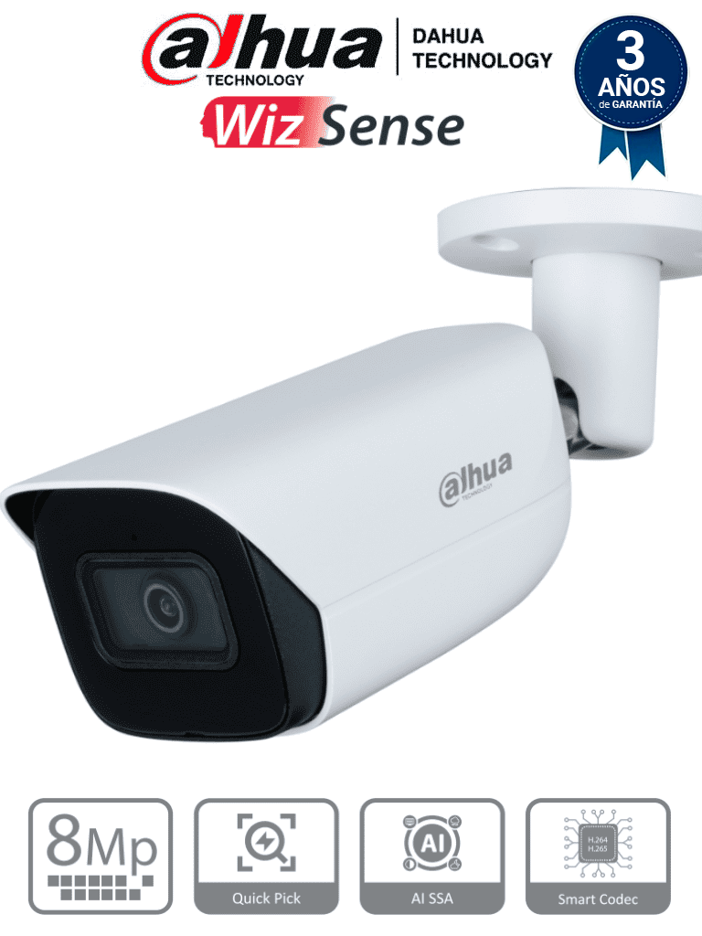 DAHUA IPC-HFW3841E-AS-S2 - Camara IP Bullet de 8 Megapixeles con IA/ WizSense/ Lente de 2.8 mm/ 107 Grados de Apertura/ H.265+/ Microfono Integrado/ 1 E&S de Alarma y Audio/ SMD 4.0/ WDR Real/ Quick Pick AI SSA/ PoE/ IP67/