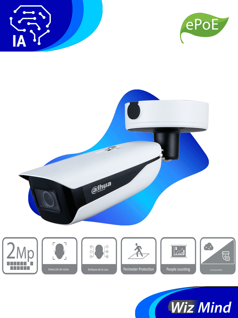 [DH-IPC-HFW5242HN-ZHE-MF] DAHUA IPC-HFW5242HN-ZHE-MF - Cámara IP Bullet Resolución de 2 MP/ Lente Mot. 2.7 a 18mm/ ∢ 107°-33.9°/ IR 70 mts/ IA WizMind/ Detección Facial/ Protección Perimetral/ Conteo de Personas/ Starlight/ ePoE/ WDR/ H.265+/ IP67/ IK10/ E&S Alarma/ E&S Audio/