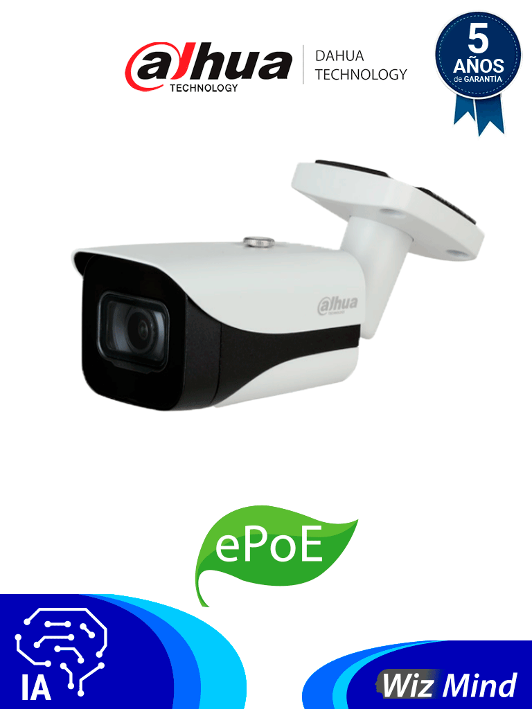 DAHUA IPC-HFW5541EN-SE-0280B - Cámara IP Bullet Resolución de 5 MP/ Lente 2.8 mm/ ∢ 102°/ IR 50 mts/ IA WizMind/ Detección Facial/ Protección Perimetral/ Conteo de Personas/ Starlight/ ePoE/ WDR/ H.265+/ IP67/