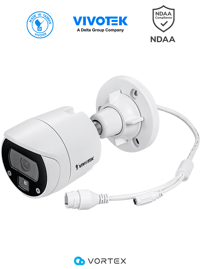 [IB639(1YL)] VIVOTEK IB639(1YL) - Cámara IP VORTEX Essential Series bullet exterior 2 MP, Lente fijo 2.8mm, IR 30m, WDR digital, IP66, IK10, NDAA, Almacenamiento 128GB, Analiticas IA: Intrusión, Cruce de Linea, Merodeo, Busqueda de Escena, Objeto Perdido/Abandonado