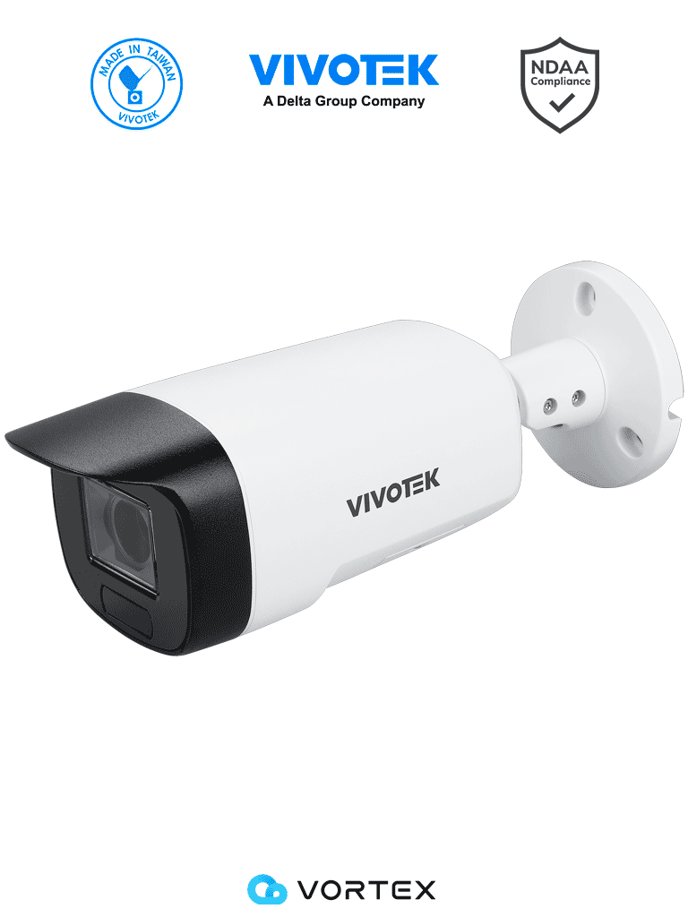 VIVOTEK VORTEX IB839-EHTV-V2(1YL) - Cámara IP VORTEX Premium Series Bullet exterior 5MP, Lente varifocal 2.8-12mm, Micrófono integrado, Salida de Audio, Entrada de Audio, DIx1, DOx1, Luz IR 40mts, WDR Pro, IP67, IK10, NDAA, Almacenamiento interno 256GB