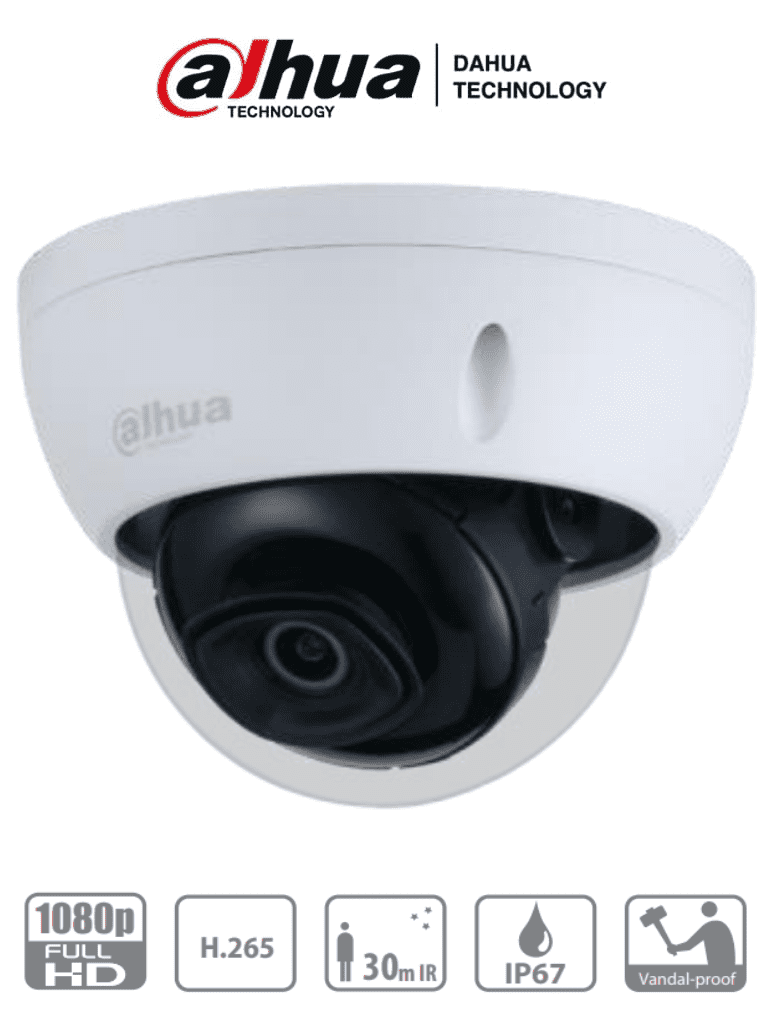 DAHUA DH-IPC-HDBW1230EN-0280B-S5- Cámara IP Domo Antivandalica de 2 Megapixeles/ Lente de 2.8 mm/ 104 Grados de Apertura/ Metalica/ IR de 30 Mts/ IP67/ IK10/ PoE/ DWDR/ #IMD#VolDH